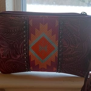 Aztec print Burgundy peach and turquoise crossbody or wristlet